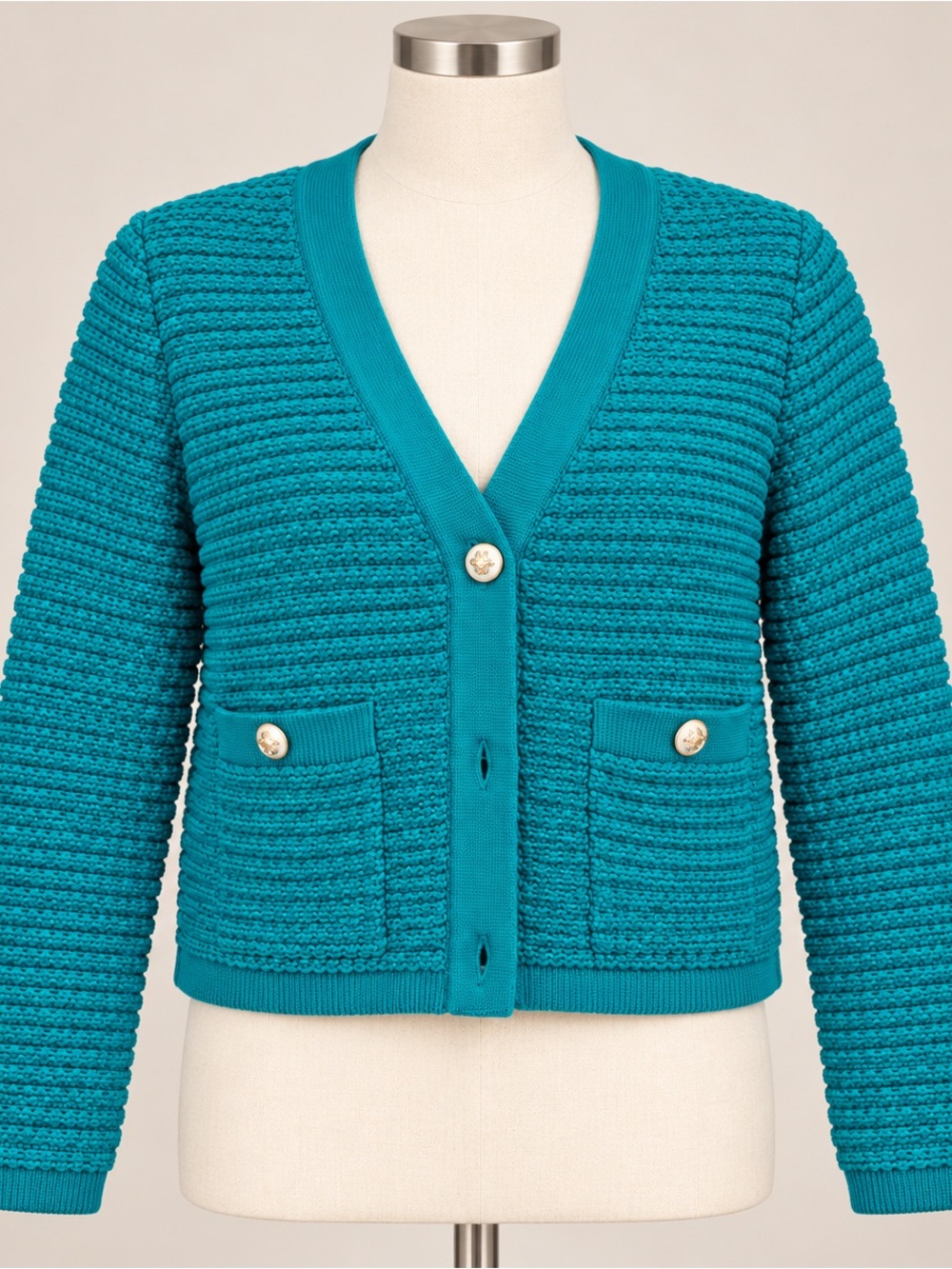 Talbots Teal Textured V-Neck Button Front Cardigan